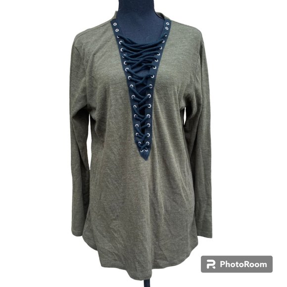 Ecru Lab Women's Olive Green Lace-Up Long Sleeve Top sz M - Picture 1 of 8